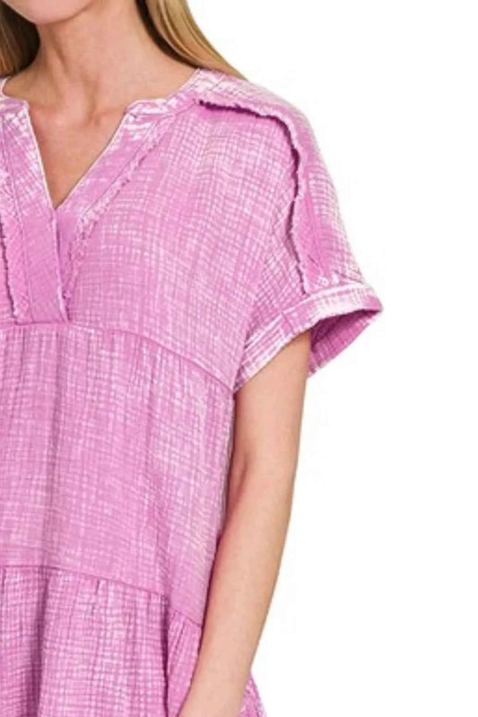 Washed Double Gauze Raw Edge V-neck Dress cf03e5e6-7200-4643-bd53-3eef2331613d-Max-Origin