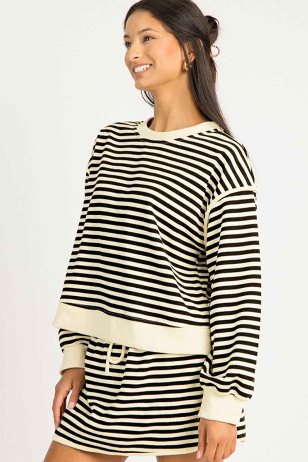 Black Stripe Textured Drop Shoulder Pullover Top Drawstring Mini Skirt Two Piece Dress Set cf055ccb289002a2