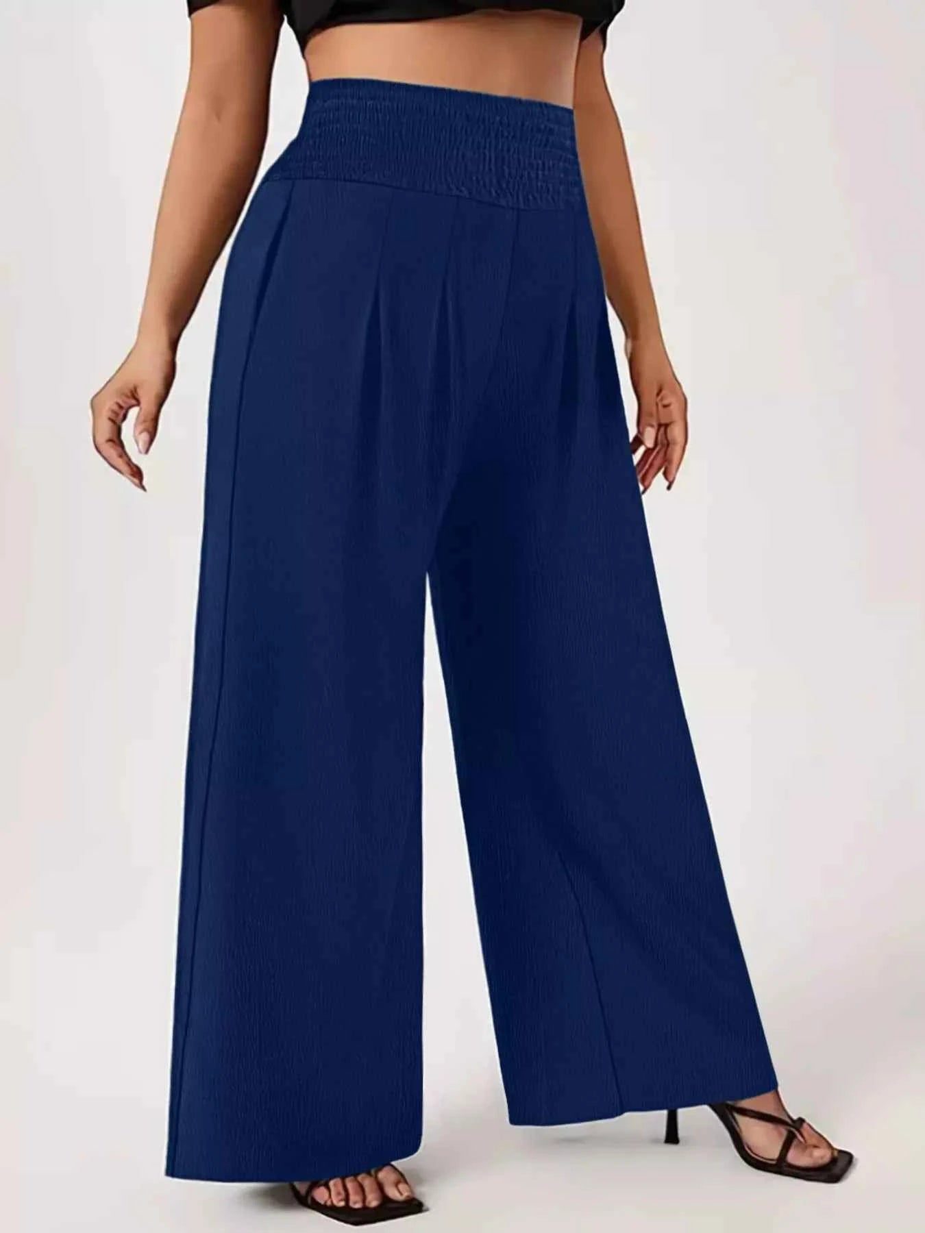 Plus Size High Waist Wide Leg Smocked Waist Pants Navy cf06e0d8-4f95-4268-80b4-0b0a30c28991-Max-Origin