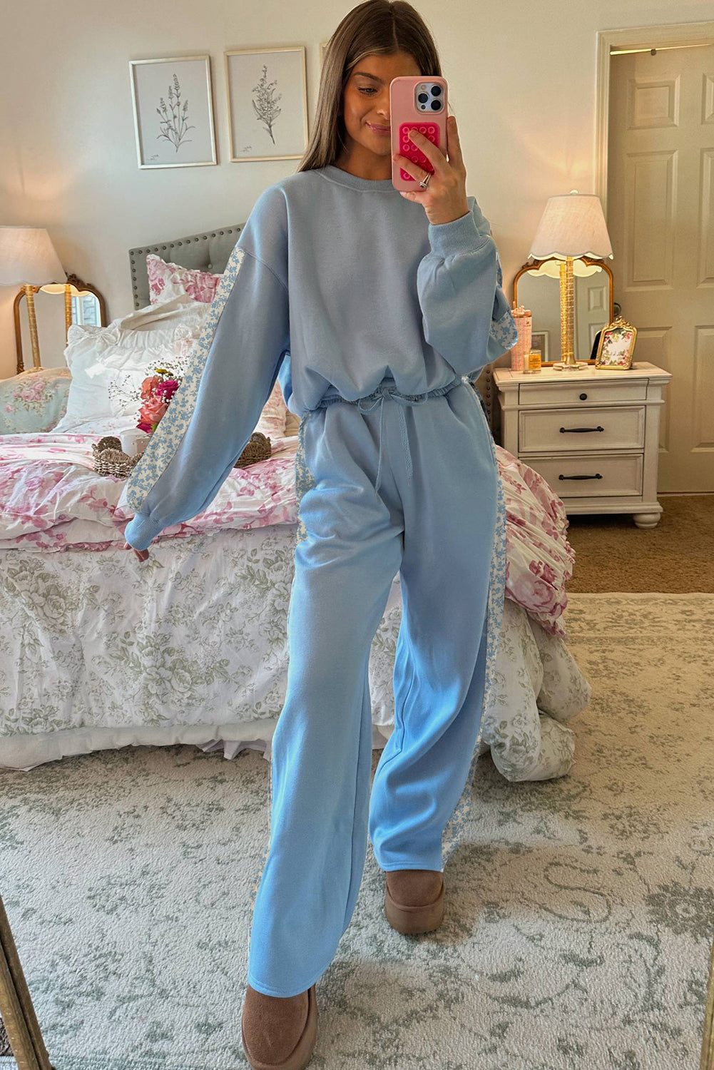 Beau Blue Floral Patchwork Drop Shoulder Pullover and Sweatpants Lounge Set cf08cad80bf1e8cd