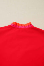 Fiery Red Striped Trim Ruffle Split Neck Long Sleeve Blouse cf0b6f79437c135d