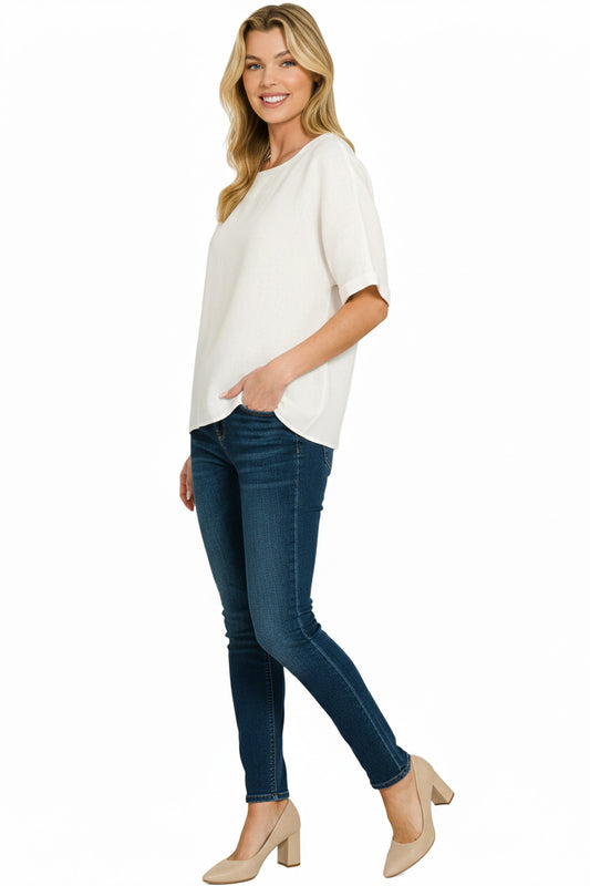 Linen Round Neck Cuffed Sleeve Top cf0bc671-8180-43d9-98c3-93a70b32a5fc-Max