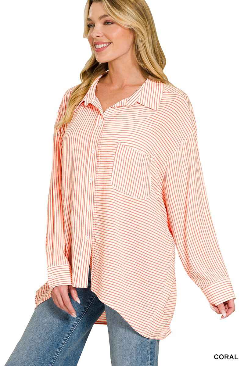 Zenana Woven Stripe Button Down Shirt cf100697d12945cdab5ffcb6a34b8f72-Max