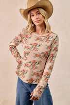 BiBi Floral Print Washed Waffle Thermal Top with Thumb cf10f58b21c945afb493d271cf74e04c-Max-Origin