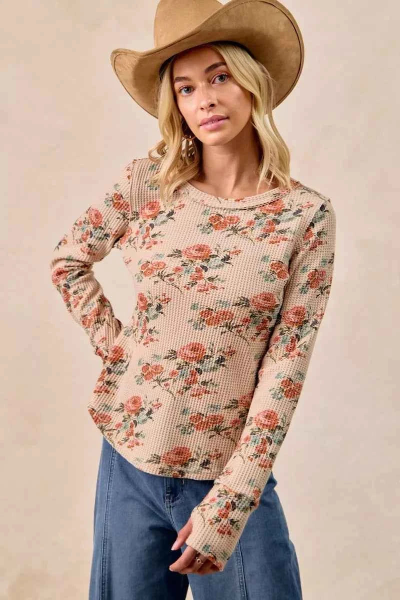 BiBi Floral Print Washed Waffle Thermal Top with Thumb cf10f58b21c945afb493d271cf74e04c-Max-Origin