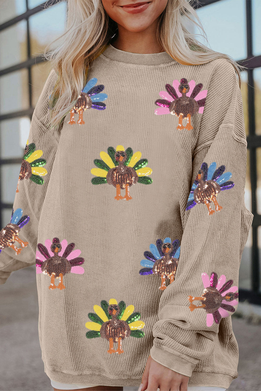 Smoke Gray Turkey Patch Application Graphic Corded Baggy Sweatshirt cf16d1455b9f8a88