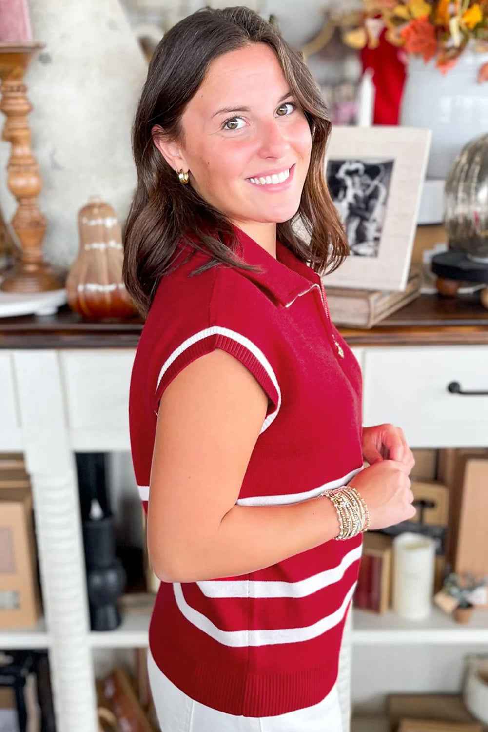 Fiery Red Quarter Zip Striped Detail Short Sleeve Sweater cf17b2ab6b3c17b6