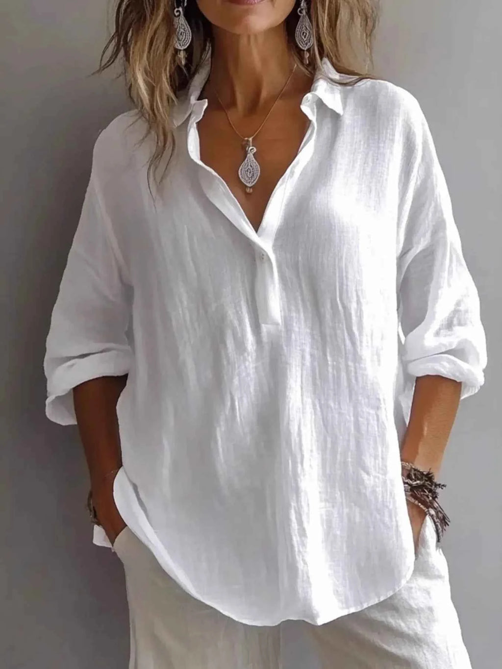 Collared Neck Long Sleeve Shirt White cf19b4a34af54fc687f93bdecd195360-Max-Origin