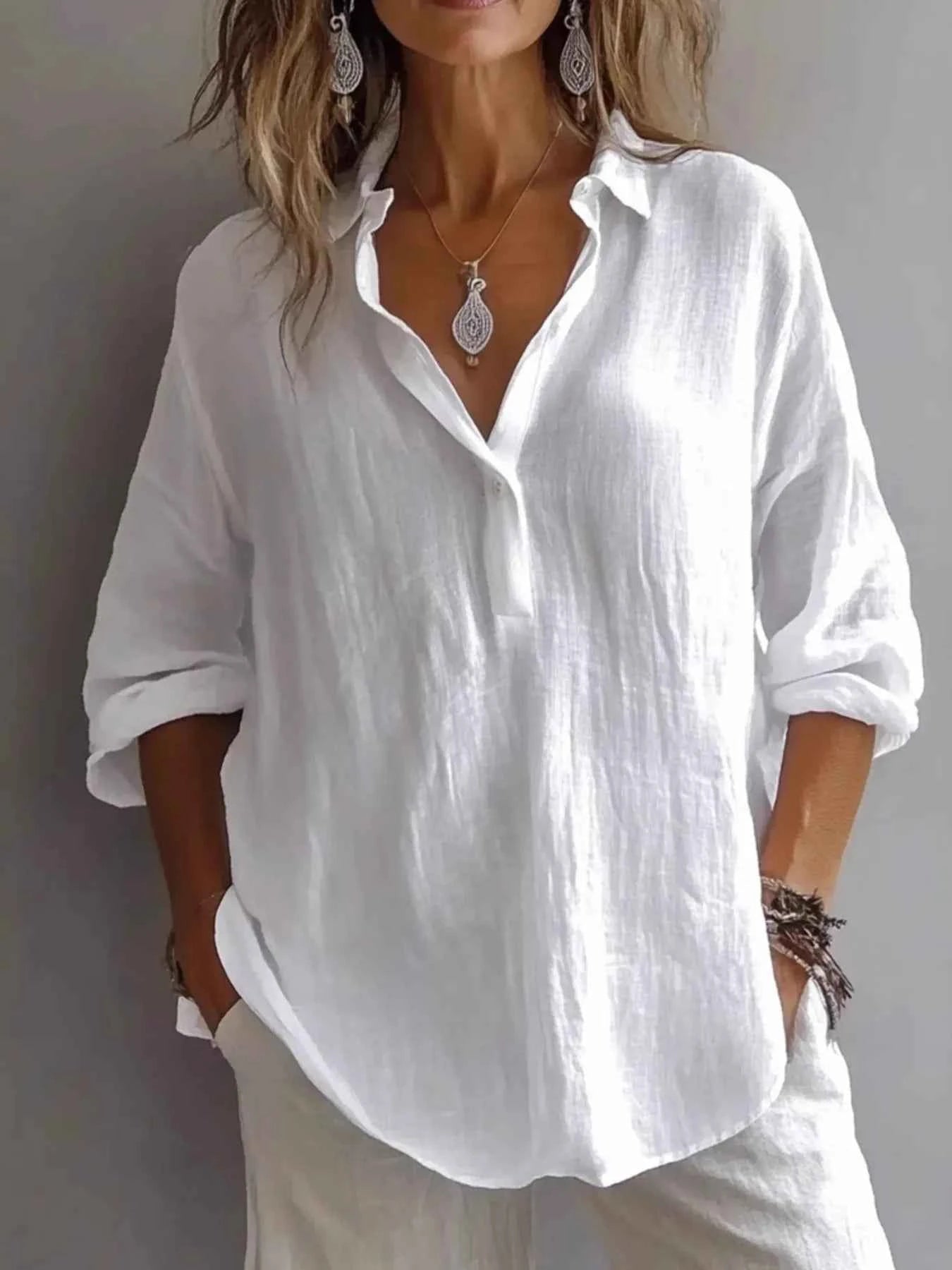 Collared Neck Long Sleeve Shirt White cf19b4a34af54fc687f93bdecd195360-Max-Origin