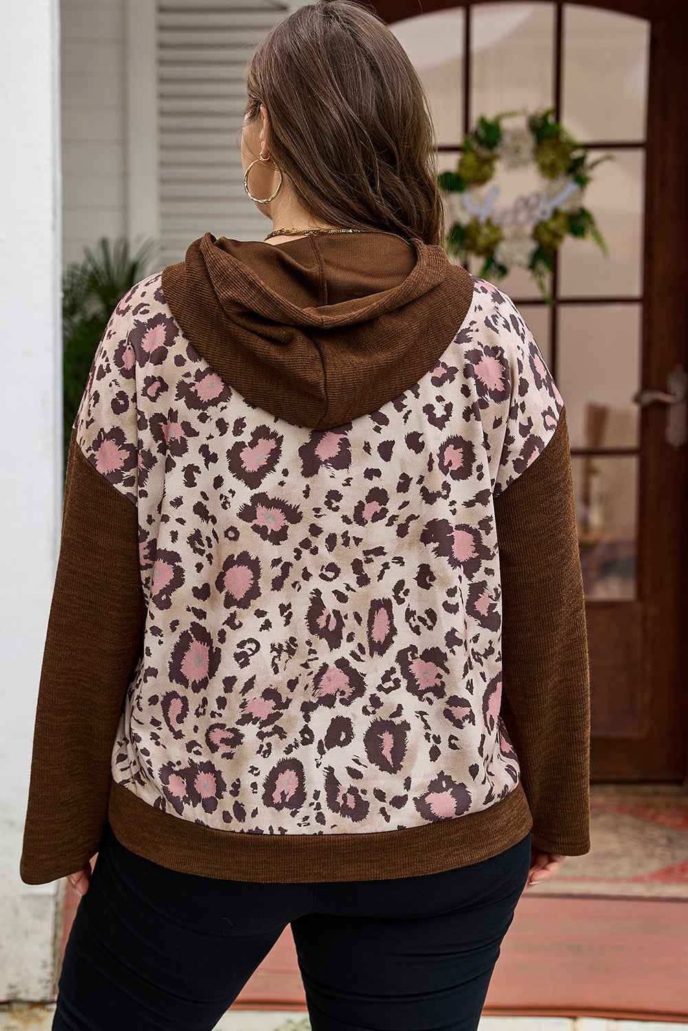 Brown Leopard Print Knit Patchwork Plus Hoodie cf1b4cb58806824a