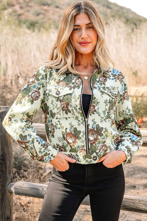 Khaki Floral Print Zip Up Contrast Collared Jacket Khaki 100%Polyester cf222433f331eafa