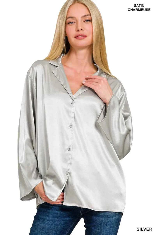 Zenana Satin Button Down Shirt SILVER cf2743c8-8e9f-4148-bc01-166a73300a2b-Max-Origin