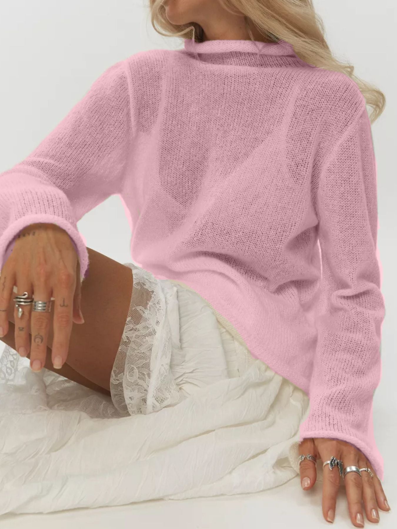 Mock Neck Long Sleeve Sweater Pink One Size cf28752b-f61b-403b-aeb5-dc7a29b1fe4f-Max