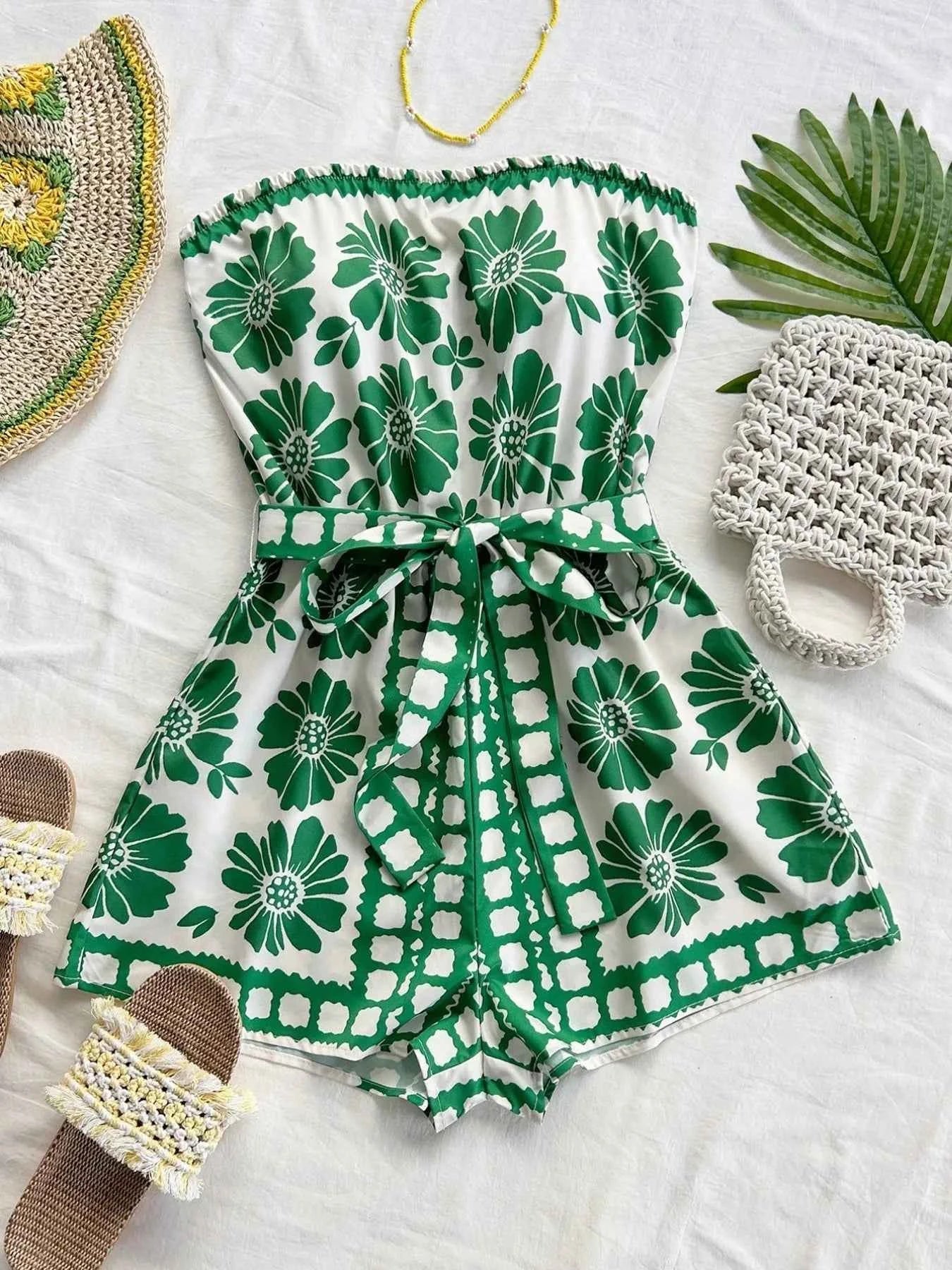 Printed Tube Tie Waist Romper Green cf2b591d-10c1-4320-99d3-92567ef6befc-Max-Origin
