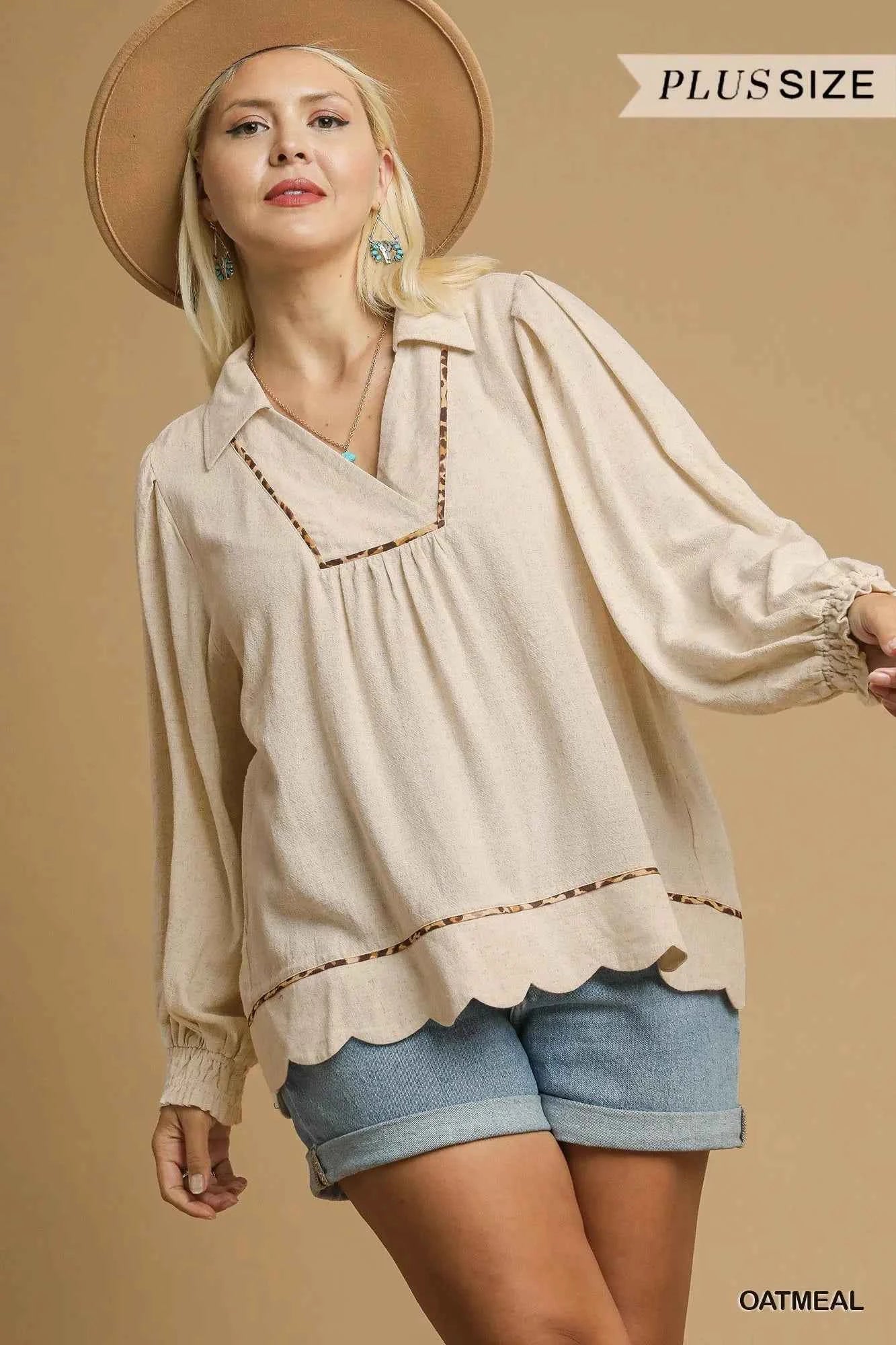 Umgee Full Size Linen Scallop Hem Blouse with Contrast Trim Plus Size cf31cb42-15ba-4c37-a39e-5fa38d18656b-Max-Origin