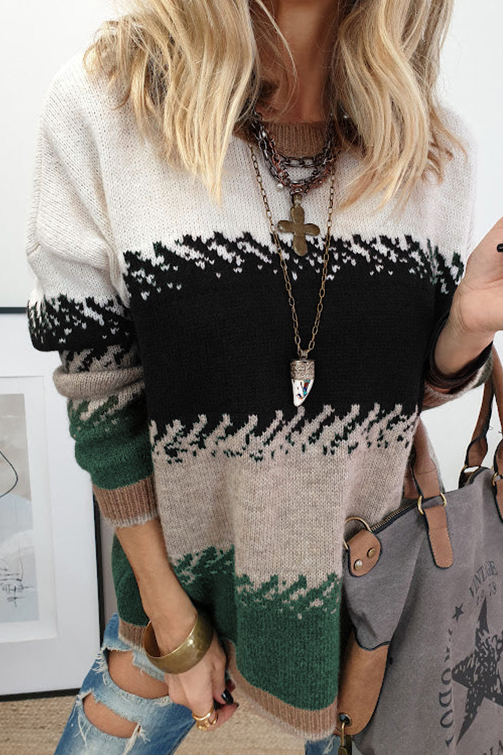 Black Stylish Color Block Pattern Drop Shoulder Sweater cf31dfdb7f8e635b