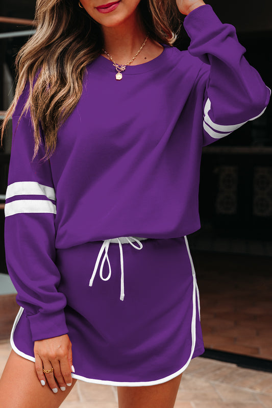 Tillandsia Purple Varsity Stripe Detail Drop Shoulder Pullover Mini Skort Set cf37413251d29568