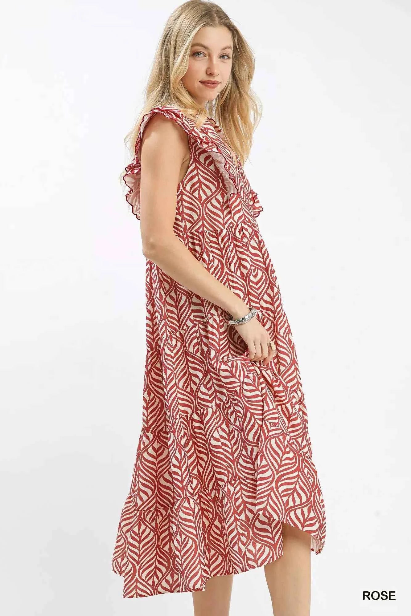Umgee Leaf Print Tiered Midi Dress with Ruffle Detail cf39ca67-8a37-4f55-9f3d-fcaabee26654-Max-Origin