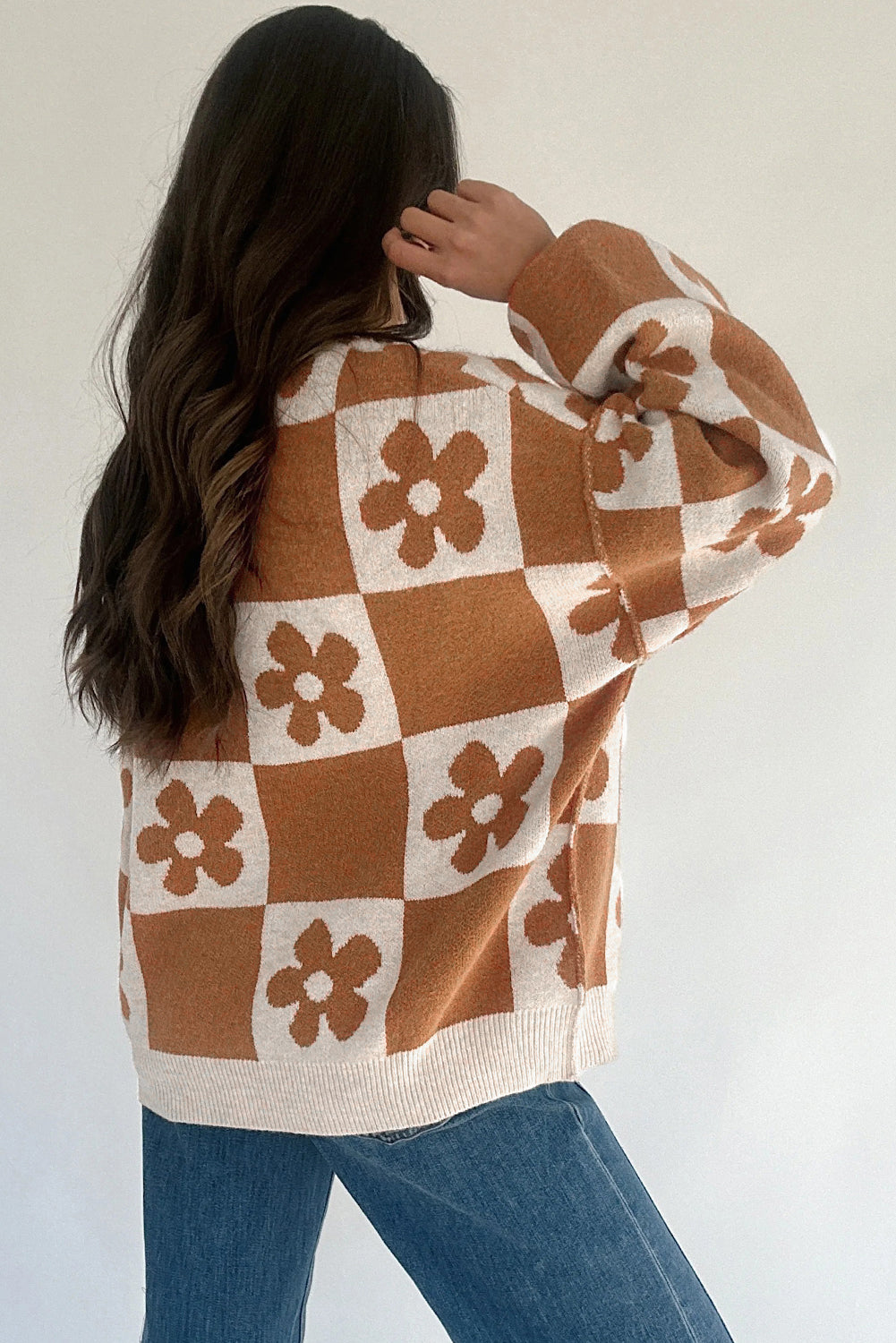 Red Dahlia Flower Colorblock Checkered Henley Sweater cf3c1df714687a81