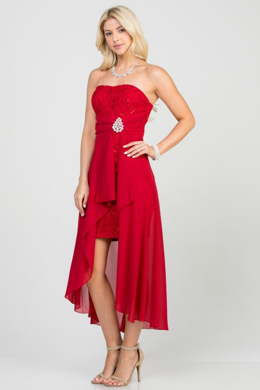 Women’s Strapless Chiffon High-Low Dress – Lace Bodice Open Back Cocktail Dress Red cf3c3dd4-fa0d-4e6b-b904-6c145ebdf5d5