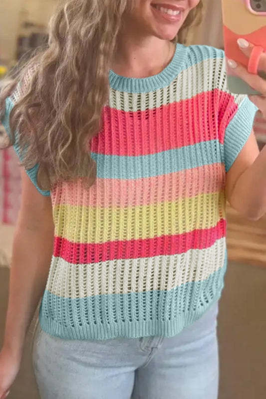 Green Stripe Color Block Hollow Out Knit Short Sleeve Sweater Green Stripe 60%Cotton+40%Acrylic cf406a950cd80144
