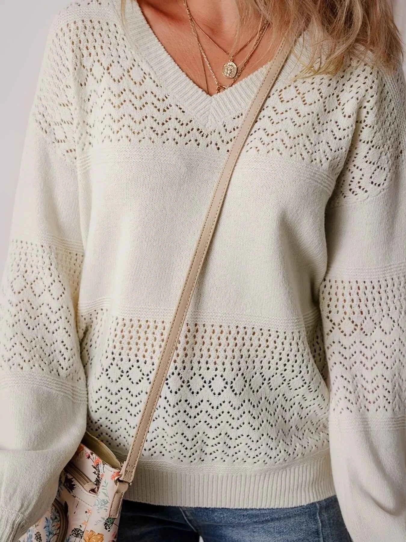 Eyelet Deatil V-Neck Long Sleeve Sweater cf427e16165f4da7adcf2875fbd9e168-Max-Origin