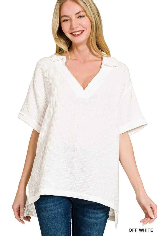 Zenana Double Gauze Short Sleeve High-Low Top OFF WHITE cf433e5ad451496a893a737519a7f361-Max-Origin