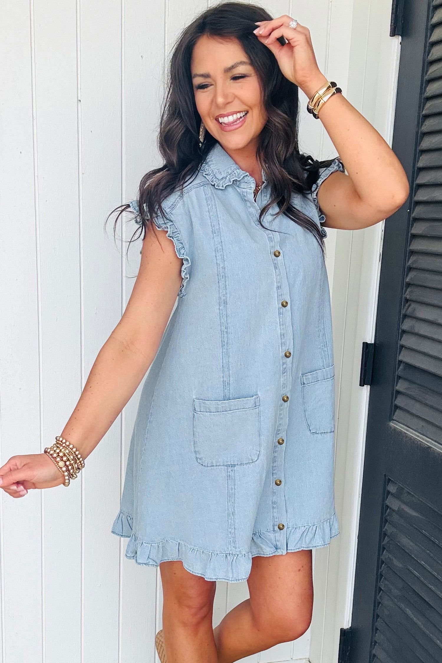 Beau Blue Ruffled Edge Collared Shift Denim Dress with Pockets cf4598d7abfc10e4