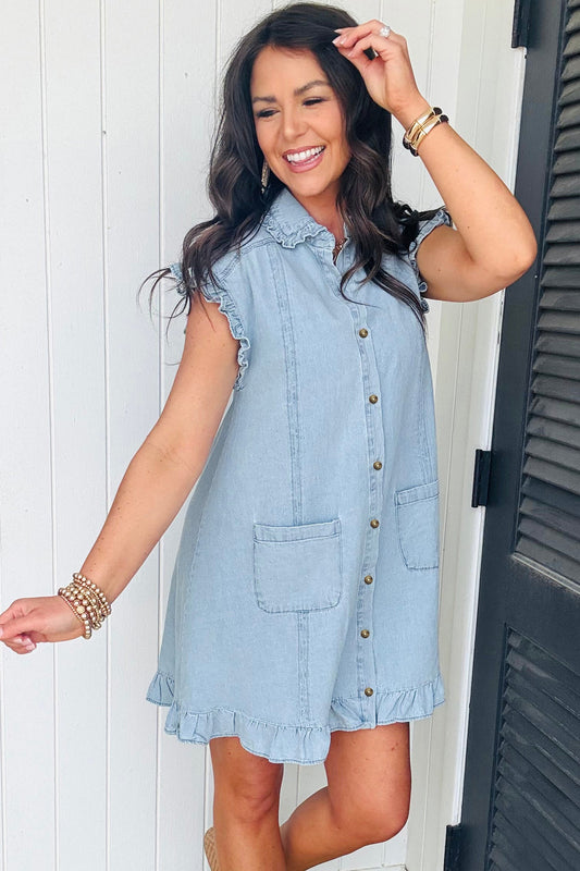 Beau Blue Ruffled Edge Collared Shift Denim Dress with Pockets cf4598d7abfc10e4