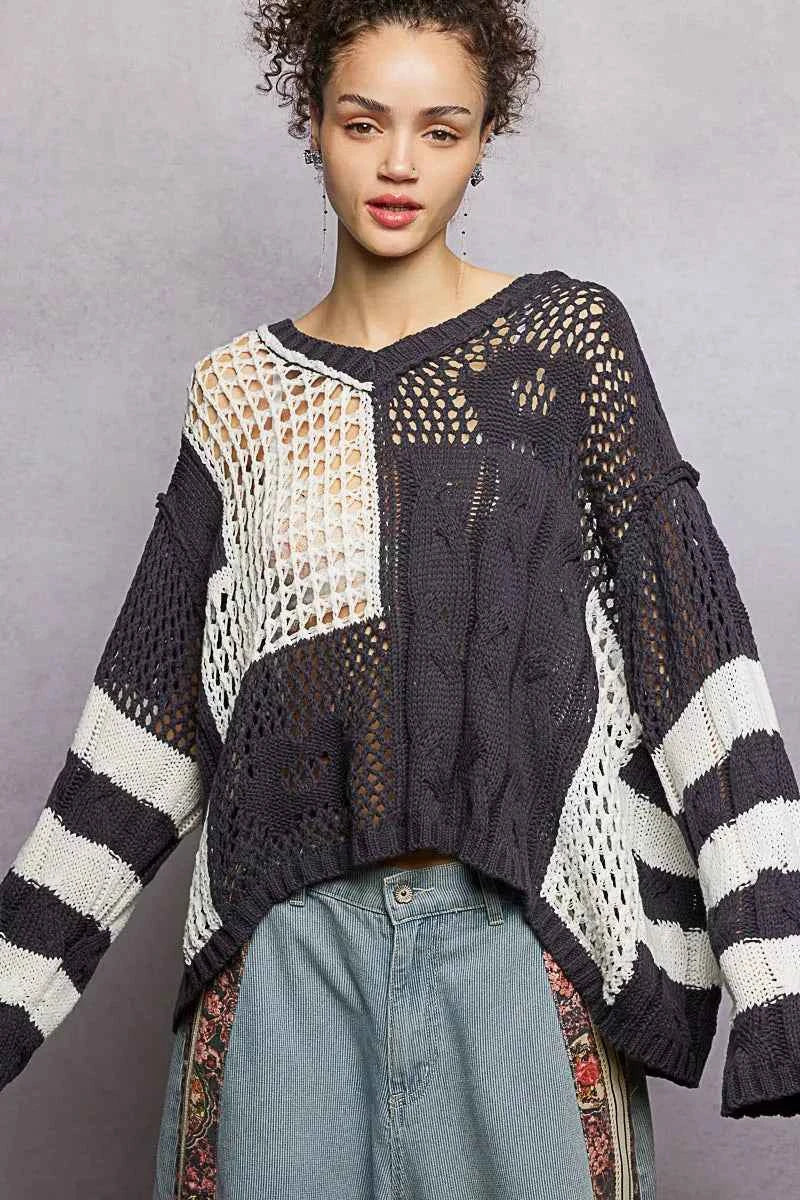 POL Color-Blocked Stripe Pattern Knit Top with Twisted Weave cf465d66-909a-4692-8d47-b36fa32c80a9-Max-Origin