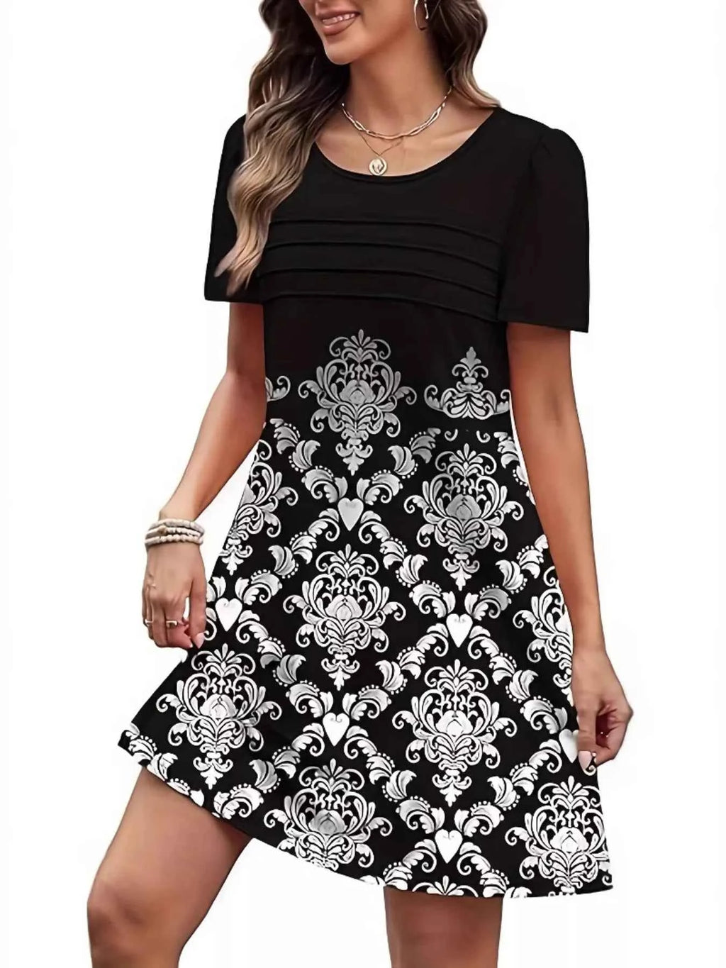 Printed Round Neck Short Sleeve Dress cf492c2f5939447199b8baea353f9fc9-Max-Origin