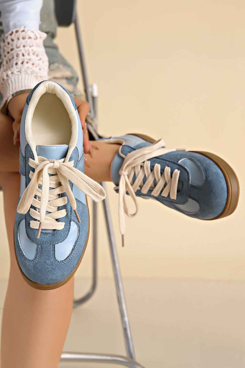 Dusk Blue Two Tone Suede Patched Lace Up Sneakers Dusk Blue FabricA:100%Polyester+FabricB:100%TPR cf4fe7773dc940f2