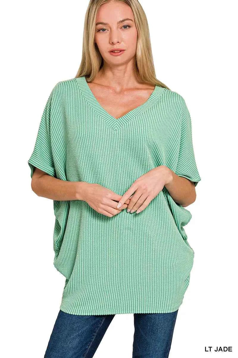Zenana Raised Rib V-Neck Batwing Top LT JADE cf5a742b3e8740c6bd122b98d2470907-Max-Origin