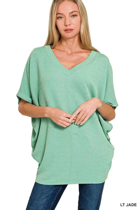 Raised Rib V-Neck Batwing Top LT JADE cf5a742b3e8740c6bd122b98d2470907-Max-Origin