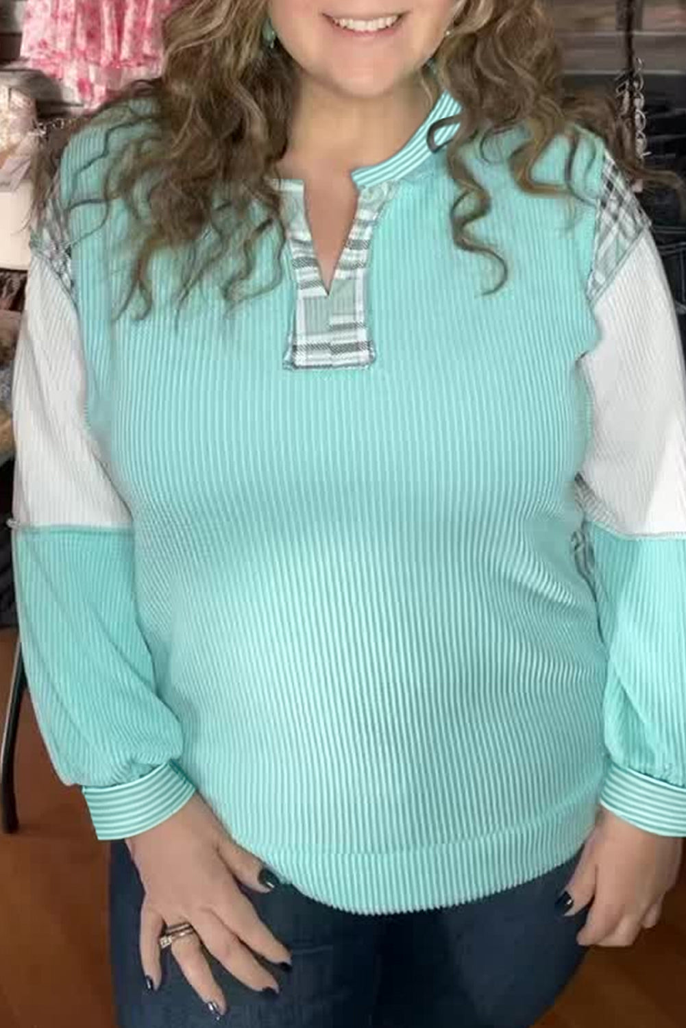 Aruba Blue Twist Ribbed Colorblock Plaid Patchwork Plus Size Top cf5e7edc5cd0d911
