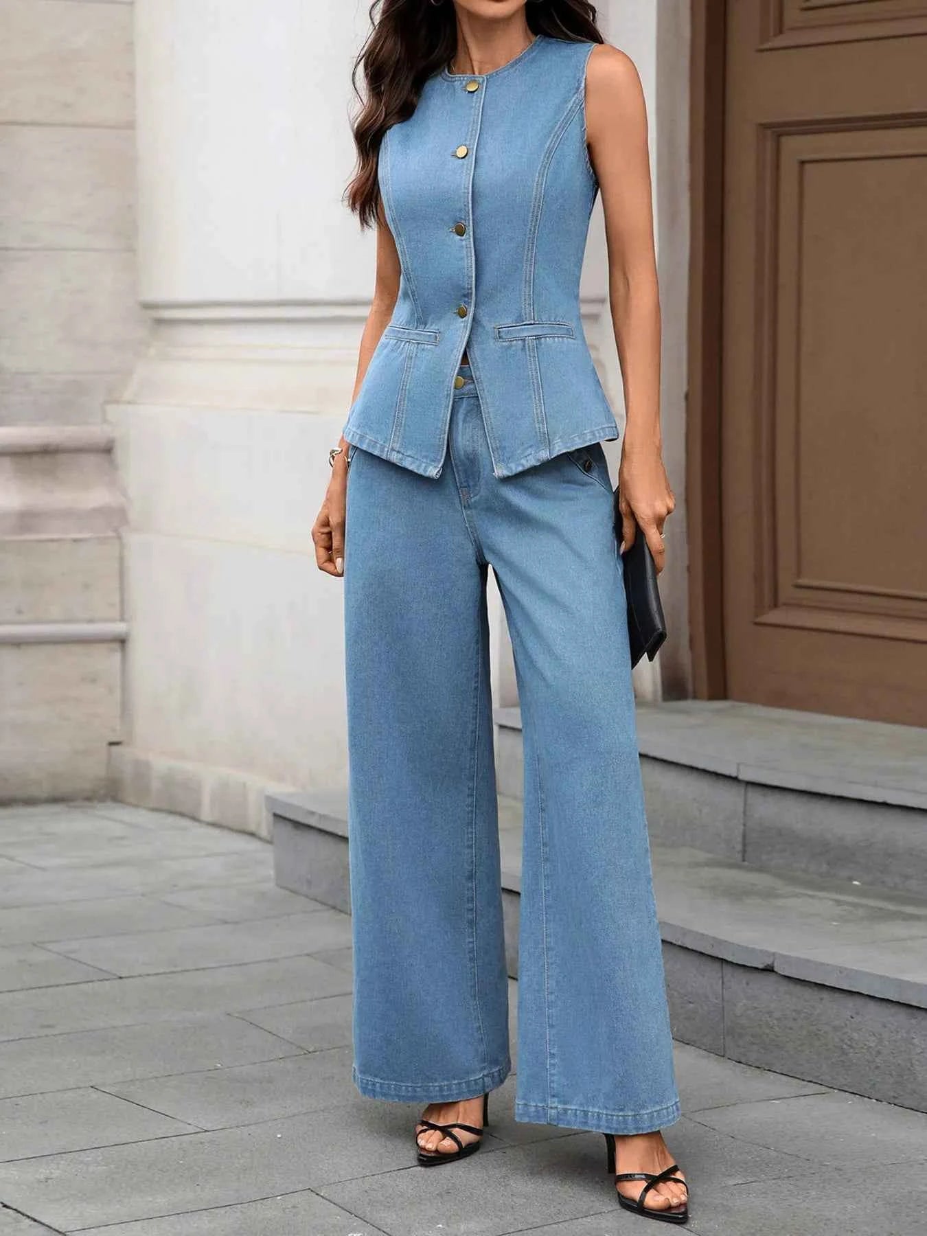 Button Up Tank and Pants Denim Set cf65a42348144eb886652de0d2260bca-Max-Origin