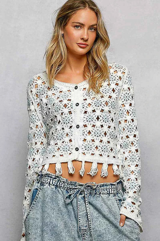 POL Openwork Floral Crochet Cardigan with Tassel Hem OFF WHITE BLUE One Size cf67f48b-83e8-4ba7-b86a-4c75bf1601ec-Max-Origin