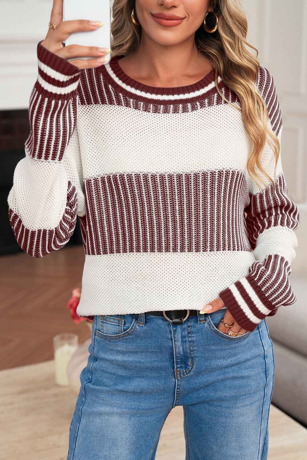 Brown Two Tone Striped Patchwork Drop Shoulder Sweater Brown 55%Acrylic+45%Cotton cf721ea6f02e5293