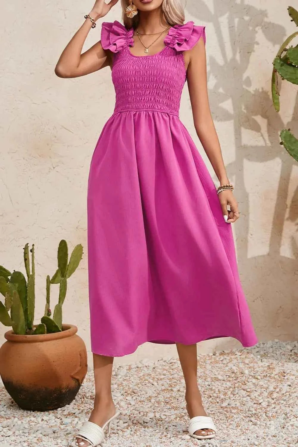 Solid Color Ruffled Straps Smocked Ruched Maxi Dress cf7289b8-988e-44e1-8754-46626b79a55b-Max-Origin
