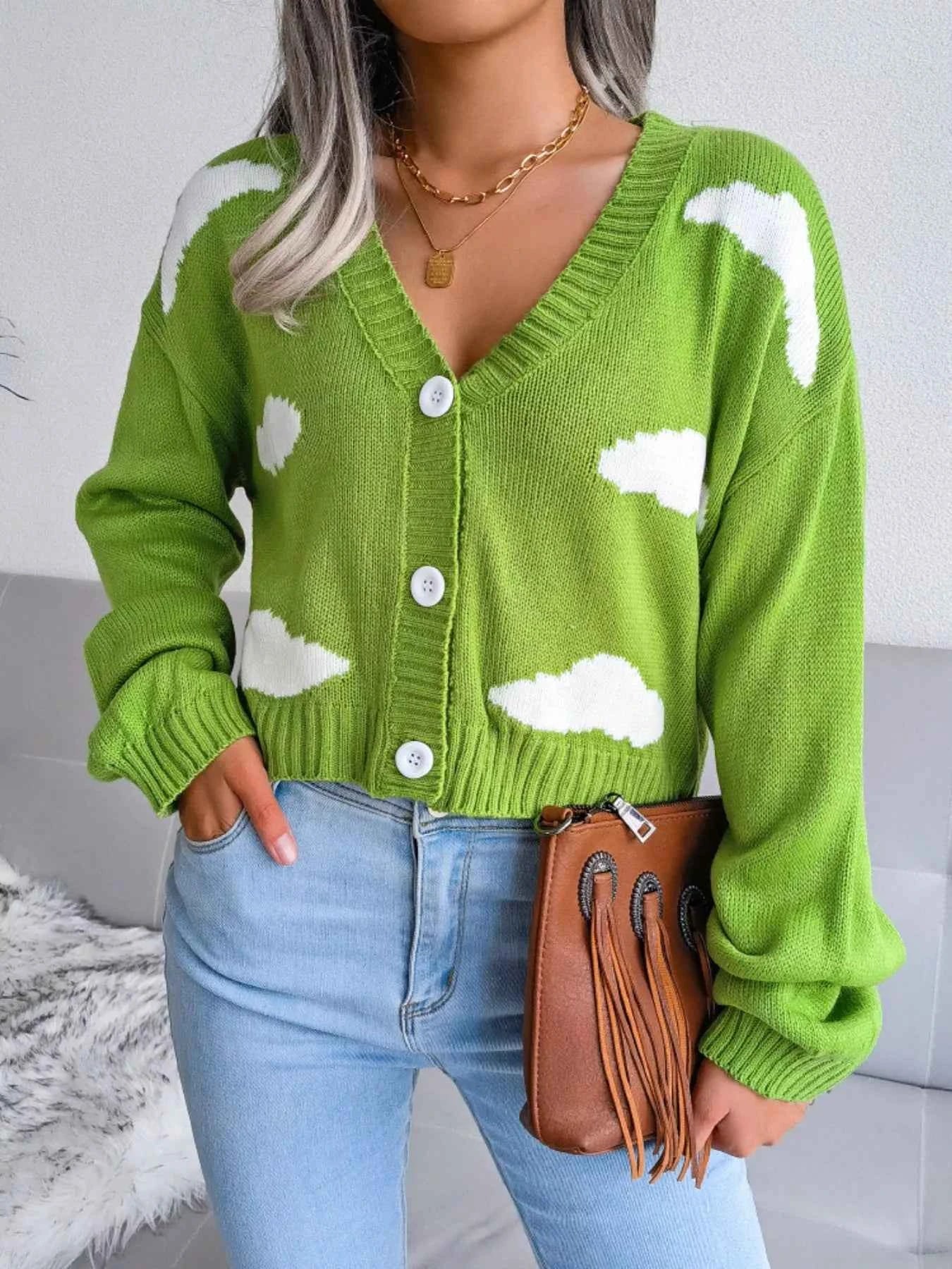 Cloud Pattern Button-Up Cropped Cardigan Lime cf77efaf-4a62-487c-8034-7f6bcaecbbcd-Max-Origin