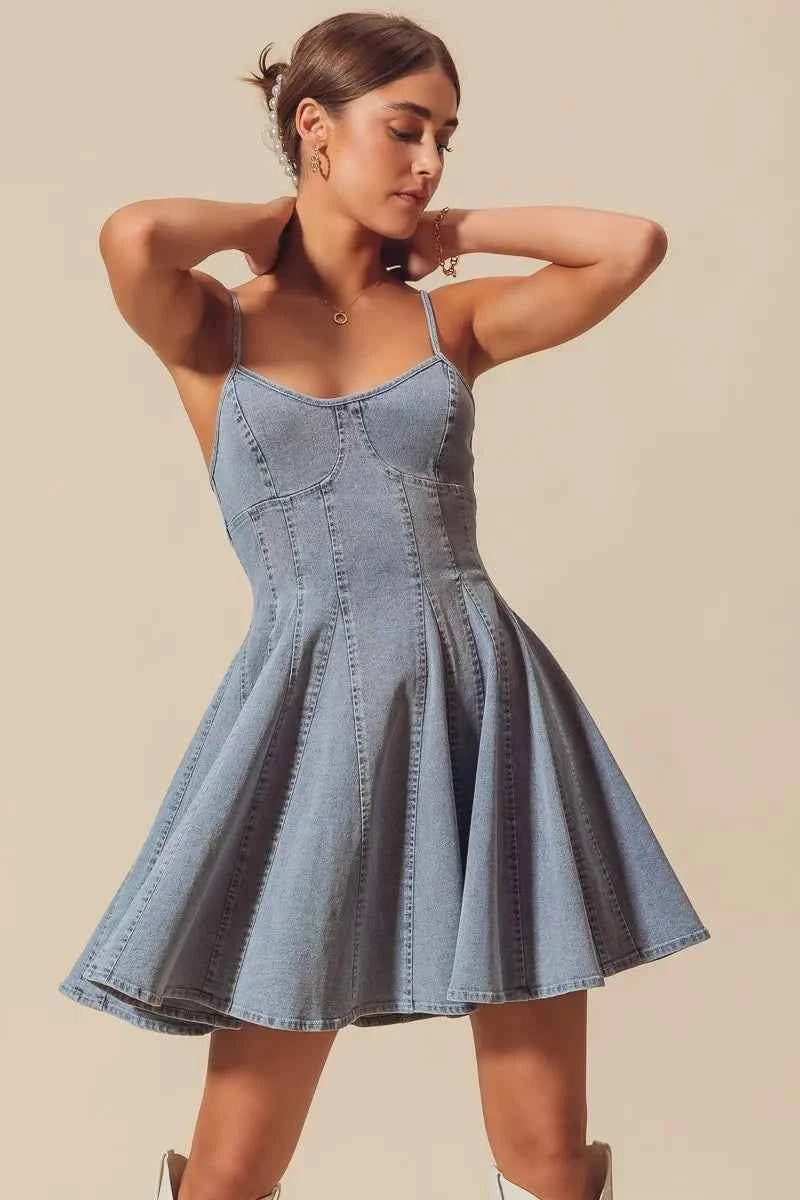 A Line Fit and Flare Denim Mini Dress DENIM cf7b38cedbe843659a10970e79d48f1a-Max-Origin