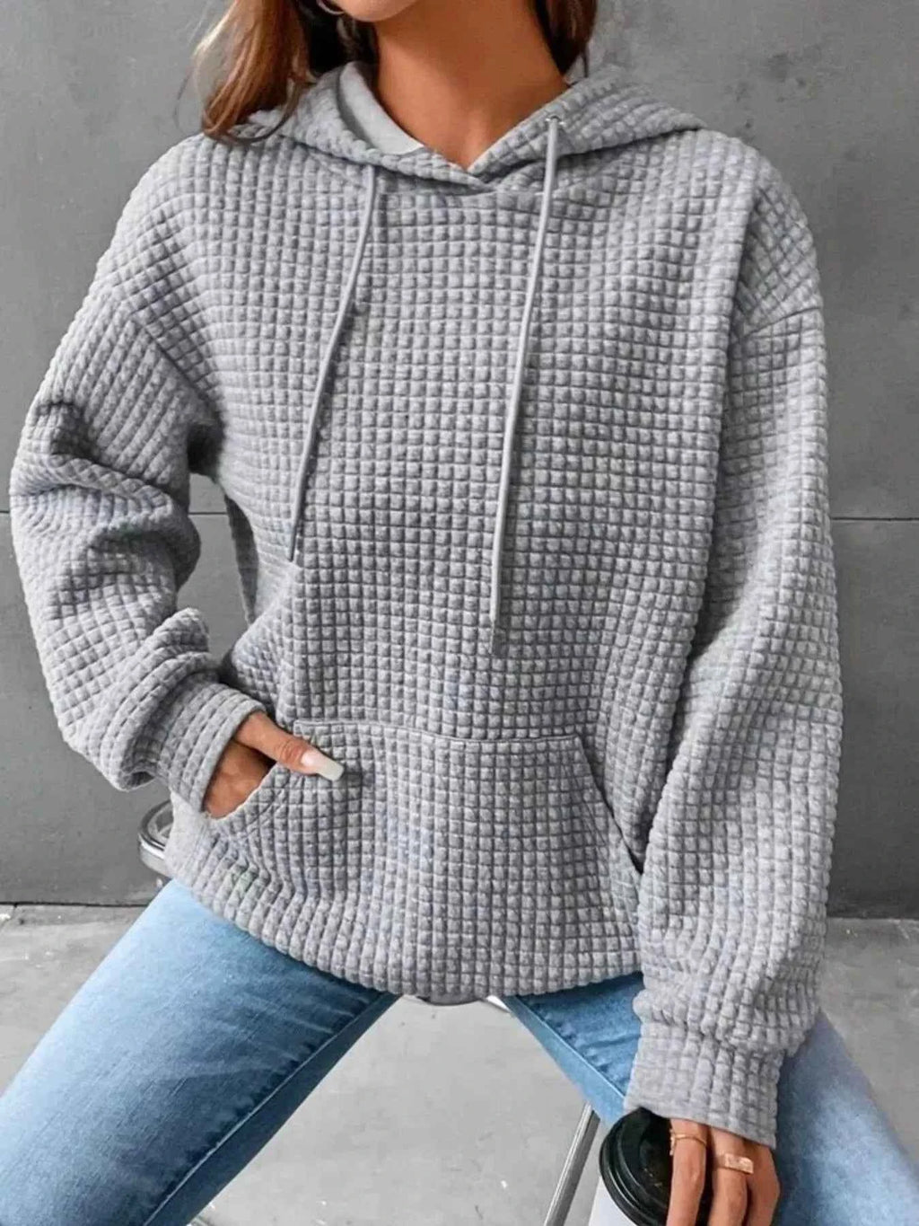 Waffle Knit Hoodie with Drawstring Details cf81086b-e4b9-4447-9e76-ad19983ac6e4-Max-Origin