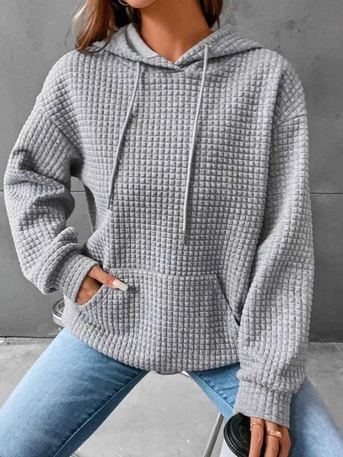 Waffle Knit Hoodie with Drawstring Details cf81086b-e4b9-4447-9e76-ad19983ac6e4-Max-Origin