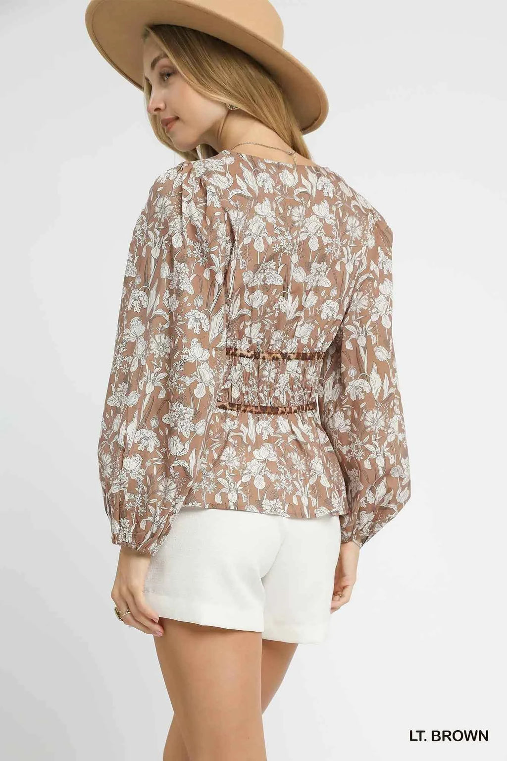 Umgee Floral Smocked Peplum Blouse with Tie Detail cf82467a-265b-4d8a-a069-c94010985430-Max-Origin