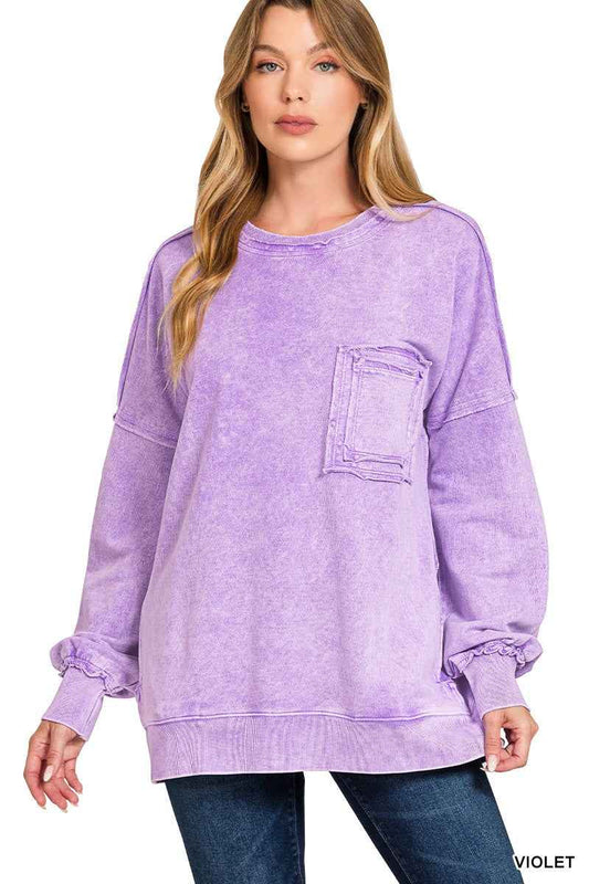 Zenana Halo Washed French Terry Exposed-seam Sweatshirt VIOLET cf83cc05c6fc40c1ae860b955133572c-Max