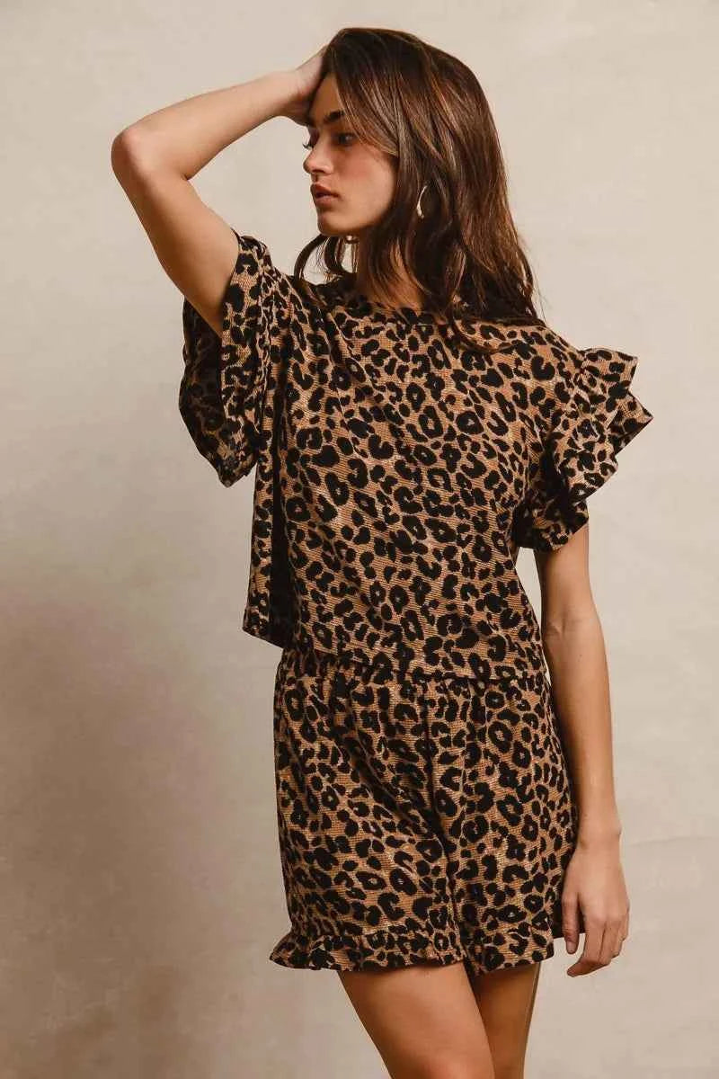 BiBi Leopard Print Waffle Texture Layered Ruffle Sleeve Top and Shorts Set cf8fc039ad5c433eb7ec84d4e24dcefd-Max-Origin