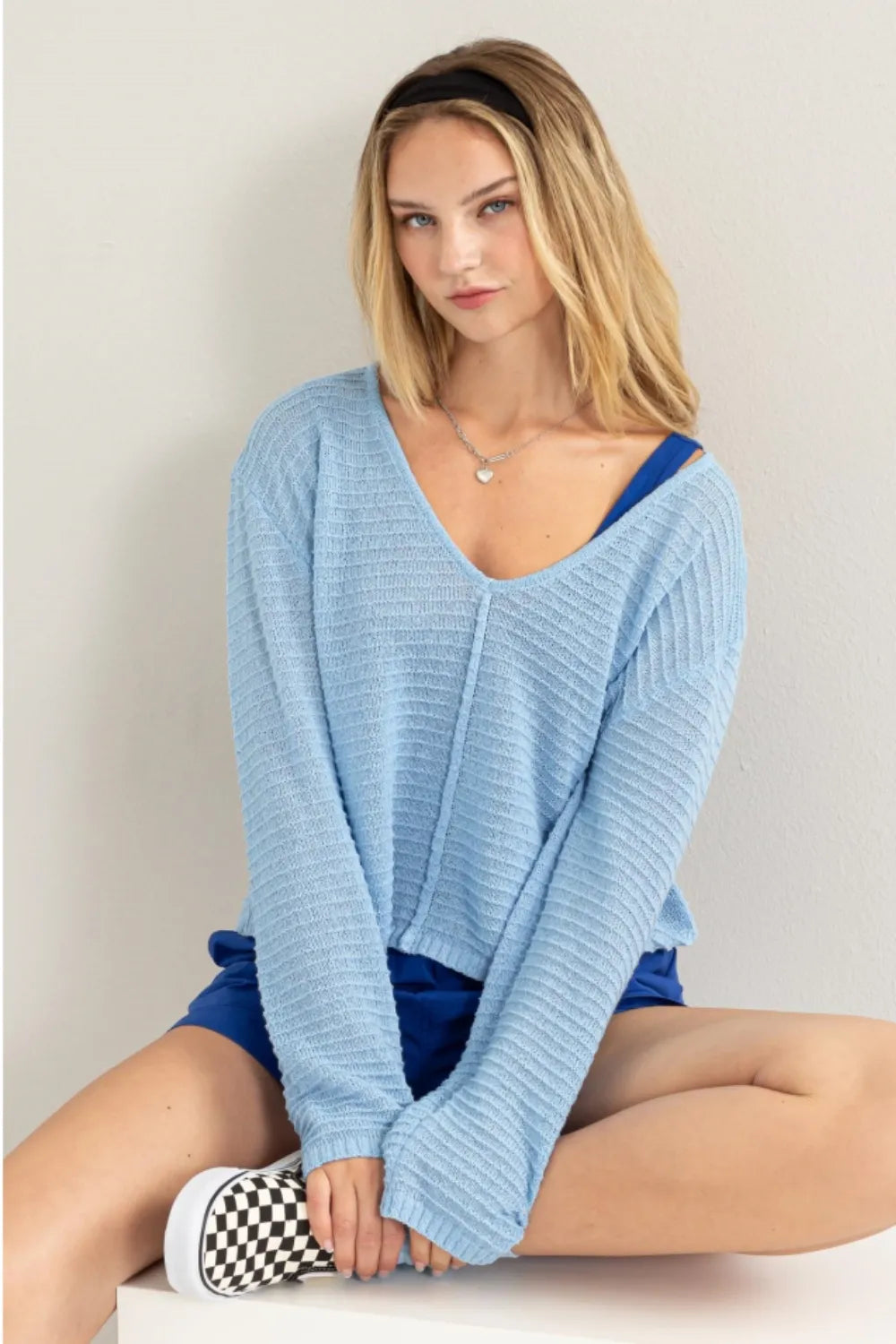 HYFVE V-Neck Stripe Texture Long Sleeve Top BABY BLUE cf90bf80-b4e0-4609-869c-0aff72c273e8-Max