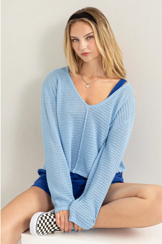 HYFVE V-Neck Stripe Texture Long Sleeve Top BABY BLUE cf90bf80-b4e0-4609-869c-0aff72c273e8-Max