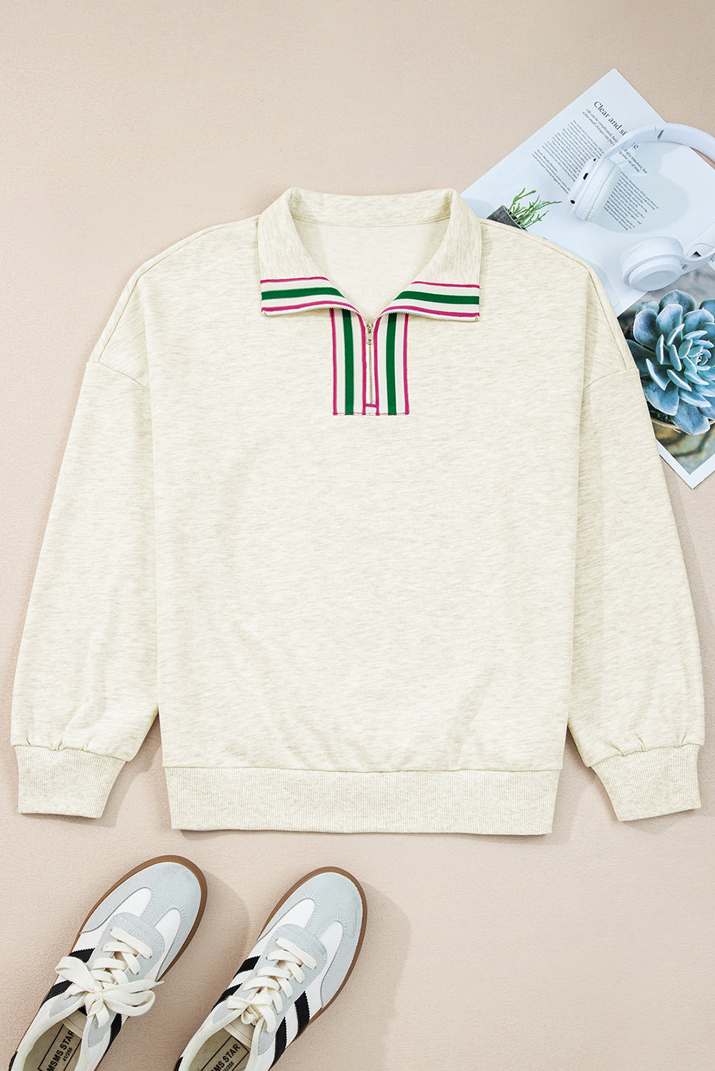 Sachet Pink Pop of Color Collared Patchwork Pullover Sweatshirt cf91e44592642fa5