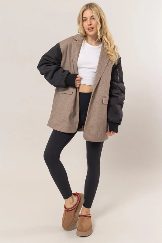 Herringbone Mixed Media Contrast Long Sleeve Blazer cf95656e-b012-41bb-80ea-91efc95cbe22-Max
